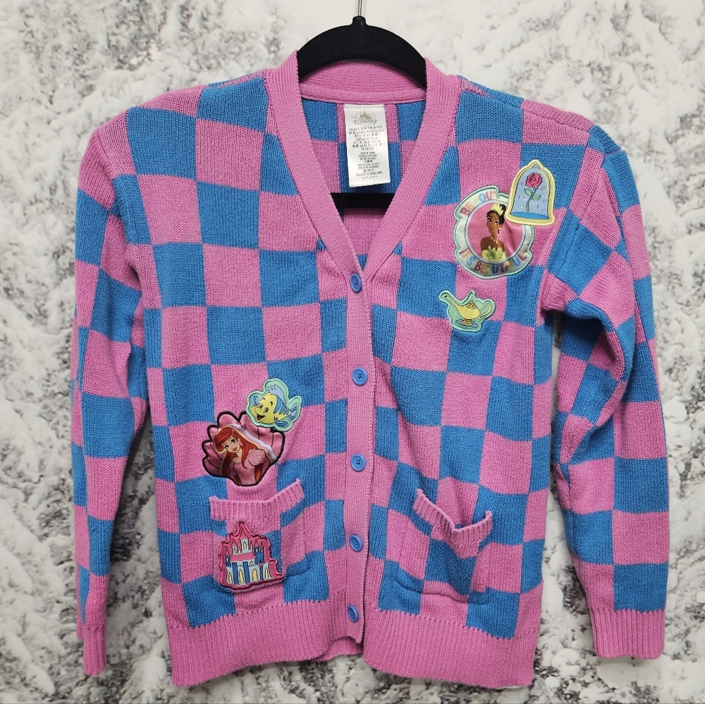 Disney Parks Girls Checkered Princess Cardigan Embroidered Patches, 9/10